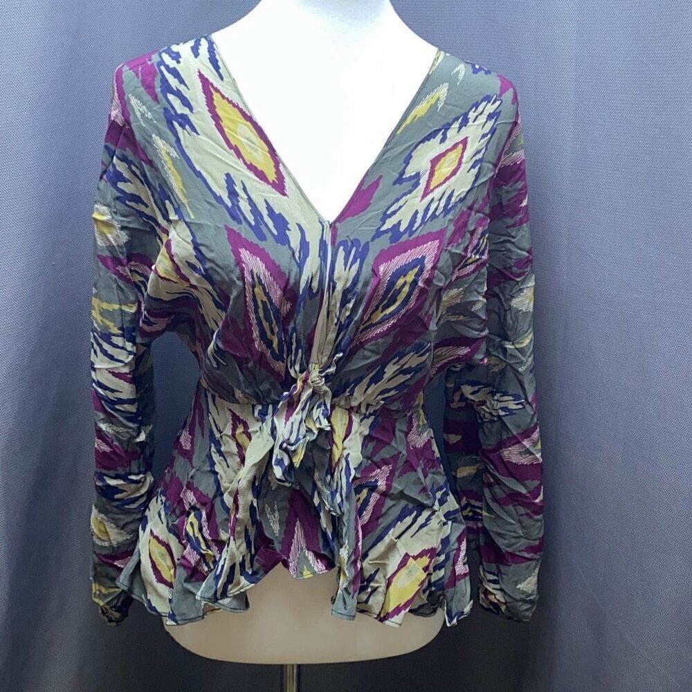 For Love & Lemons Ikat plunge front tie blouse silk purple & green XS